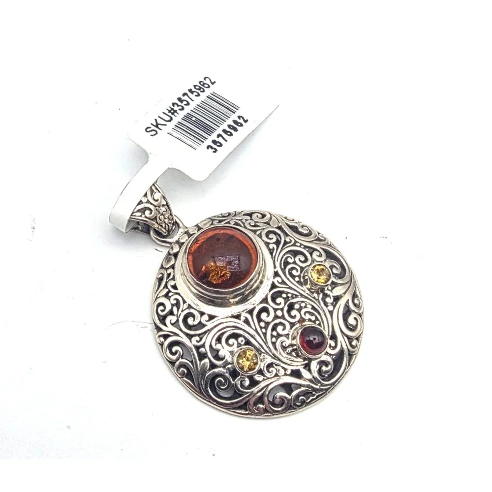 New Djoy Amber Garnet Bali Sterling Silver Filigree 1.7